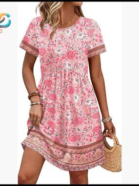 Short Sleeve Maternity Dress with Pockets Empire Waist Casual Spring Summer